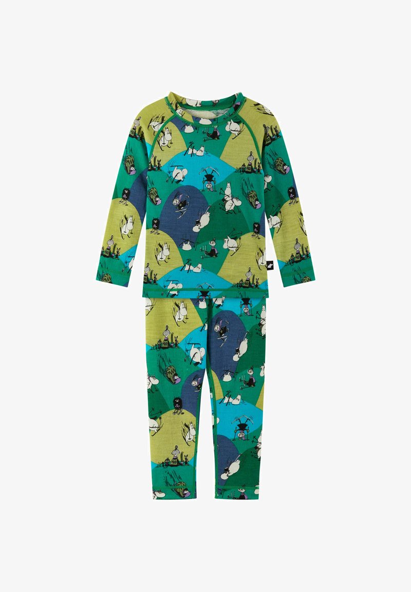 Set di pigiama in cotone con maniche lunghe e pantaloni aderenti. Presenta colorati personaggi Moomin su uno sfondo geometrico verde e blu.
