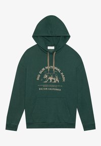 Sudadera verde con un gráfico de un oso y texto del Parque Nacional Big Sur. Incluye un bolsillo frontal y cordones en un color contrastante.