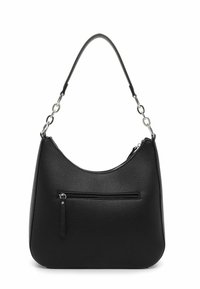 Black textured leather hobo bag with a curved top, single shoulder strap, and a front zip pocket. Silver-tone hardware accents complement design.