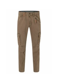 Cargo-Hosen in olivgrün, aus strukturiertem Stoff, mit mehreren Taschen, einem Reißverschluss und verstellbaren Taillenriegeln.