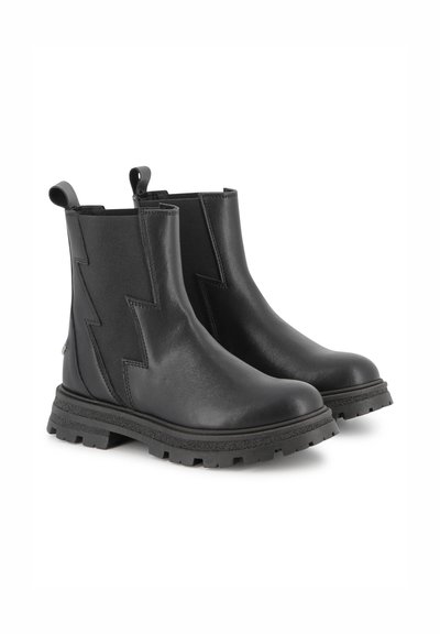 Svarta ankelkängor i läder med blixtdesign, i slip-on stil och med en robust, texturerad gummisula.