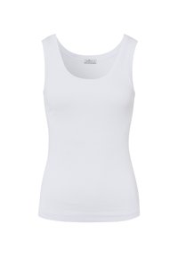 Biały top na ramiączkach z żebrowanej bawełny, z dekoltem w serek i szerokimi ramiączkami, o gładkim, dopasowanym kroju.