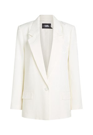 White blazer featuring a notched collar, single button closure, and subtle circular patterns. Two front pockets complete the design.