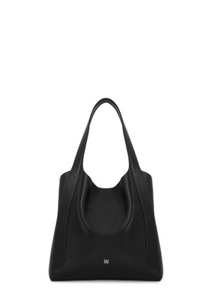 Black leather handbag with a soft, structured design, featuring wide straps and a prominent curved opening. Gold hardware accent at the base.