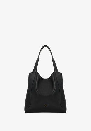 Must mustrinnahast käekott pehme, struktuurse disainiga, millel on laiad rihmad ja silmapaistev kaarjas ava. Kuldne detail kotipõhjas.