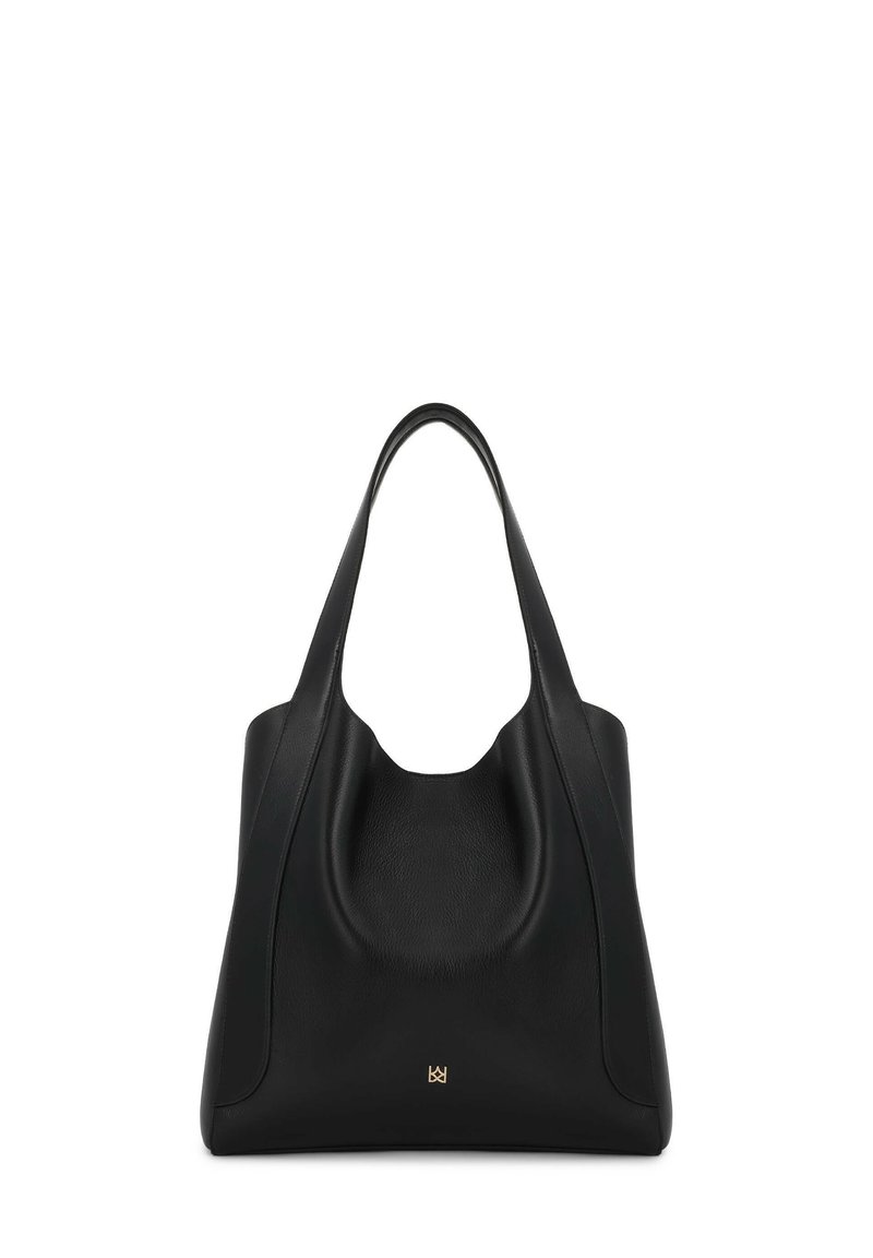 Borsa a tracolla in pelle nera con un design morbido e strutturato, caratterizzata da ampie cinghie e un'apertura curva ben visibile. Accessori in metallo dorato alla base.