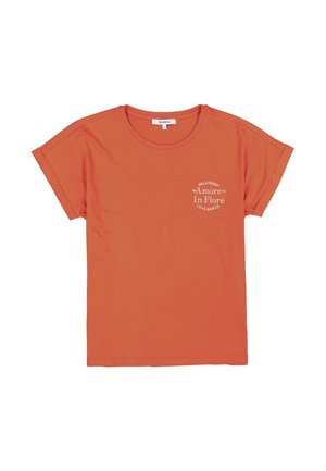 T-shirt orange en coton avec manches courtes retroussées, arborant un motif imprimé blanc disant "Bellissima Amore In Fiore" et "Love Garcia".