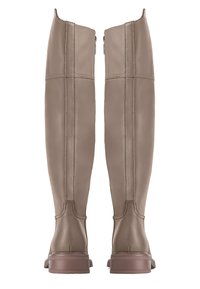 Botas de cuero marrón hasta la rodilla con una textura suave, que presentan un diseño recto, cremalleras traseras y suelas planas resistentes.