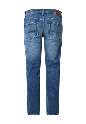 Jeans aus leicht bis mittel gewaschenem Denim, mit geradem Bein Schnitt, zwei Gesäßtaschen und einem braunen Lederpatch am Bund.