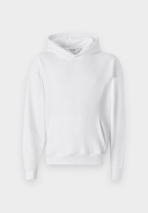 White hooded sweatshirt made of soft fabric, featuring a front kangaroo pocket and ribbed cuffs. Simple, classic design with a relaxed fit.