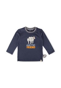 Marineblaues Langarm-T-Shirt aus Baumwolle mit einem Eisbär-Motiv und dem Text "ARCTIC FRIEND" in Hellblau und Orange. Gestreiftes Kragen-Design.