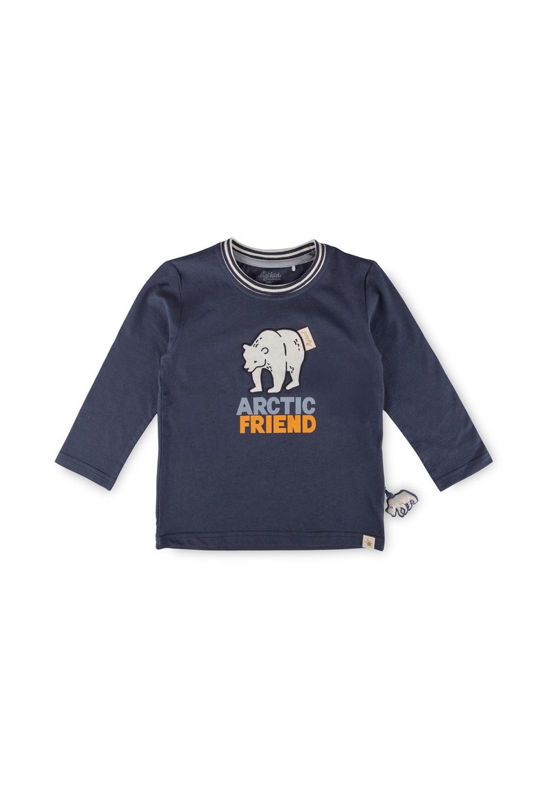 Marineblaues Langarm-T-Shirt aus Baumwolle mit einem Eisbär-Motiv und dem Text "ARCTIC FRIEND" in Hellblau und Orange. Gestreiftes Kragen-Design.