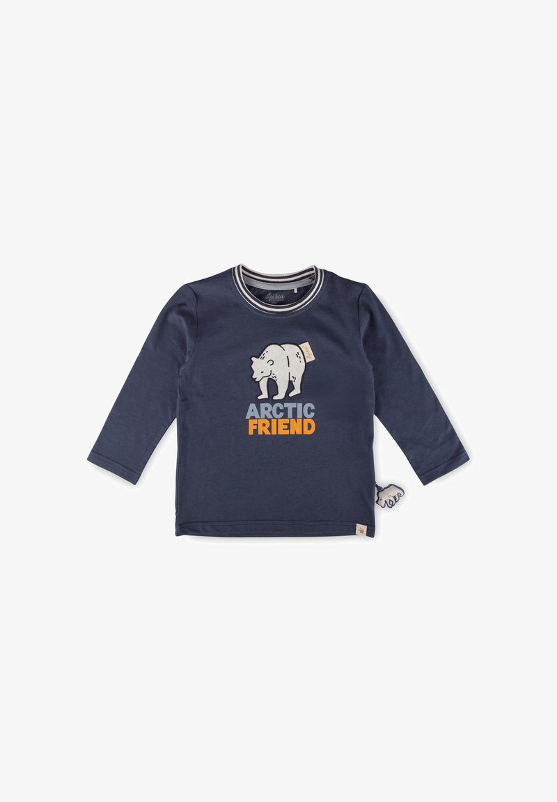 Marineblaues Langarm-T-Shirt aus Baumwolle mit einem Eisbär-Motiv und dem Text "ARCTIC FRIEND" in Hellblau und Orange. Gestreiftes Kragen-Design.
