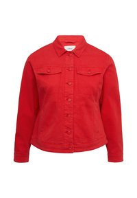 Rote Denimjacke mit Kragen, durchgehendem Knopfverschluss, zwei Brusttaschen, leichter Textur und strukturierter Passform.