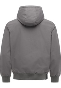 Veste à capuche grise avec poignets et ourlet côtelés, vue de dos, présentant un tissu uni et lisse ainsi qu'une coupe décontractée.