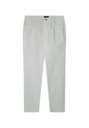 Light gray cotton trousers with a straight-leg design, button closure, and two front pockets. Smooth texture and plain finish.