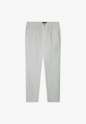 Lichtgrijze katoenen broek met een recht model, knoopsluiting en twee voorkruipzakken. Glad textuur en effen afwerking.