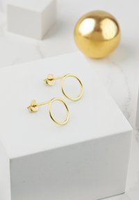 Orecchini a cerchio color oro con un design semplice e rotondo, caratterizzati da una finitura lucida e una chiusura a perno, esposti su un piedistallo bianco.