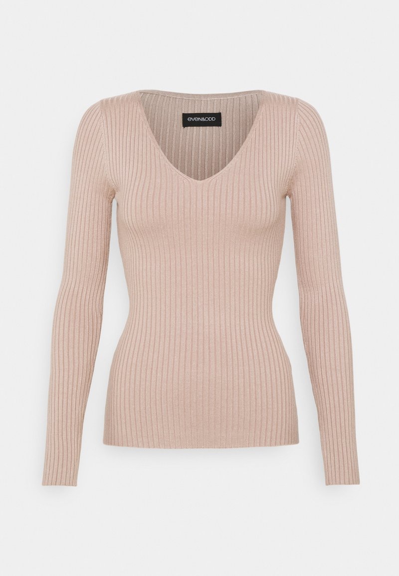 Pull en tricot côtelé rose clair à manches longues, col en V et silhouette ajustée.