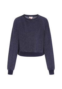 Felpa accorciata blu navy, realizzata in tessuto morbido, con maniche lunghe, polsini a coste e scollatura rotonda. Design semplice, dettagli minimi.