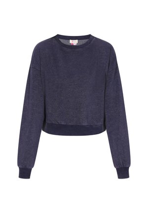 Temno modra kratka sweatshirt, izdelana iz mehke tkanine z dolgimi rokavi, rebrastimi manšetami in okroglim izrezom. Preprost dizajn, minimalna okrasitev.