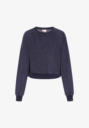Marineblauwe cropped sweatshirt, gemaakt van zachte stof met lange mouwen, geribde manchetten en een ronde halslijn. Eenvoudig ontwerp, minimale details.