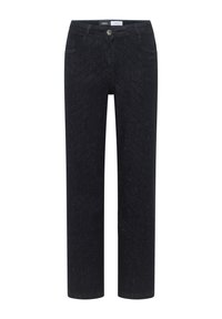 Mustat farkkuhousut, joissa on timantinmuotoinen kuvio, suora istuvuus, viisi taskua ja napitus vyötäröllä.