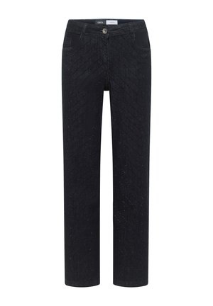 Pantaloni di denim nero con motivo a rombi, vestibilità dritta, cinque tasche e chiusura con bottone in vita.