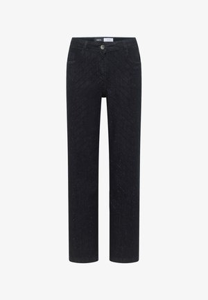 Pantaloni di denim nero con motivo a rombi, vestibilità dritta, cinque tasche e chiusura con bottone in vita.