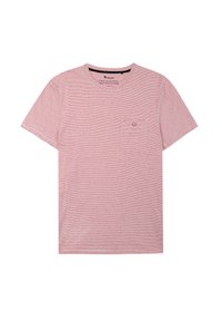 Rood-witte gestreepte T-shirt met korte mouwen, ronde hals en een linker borstzak met een klein bruin knoopdetail.