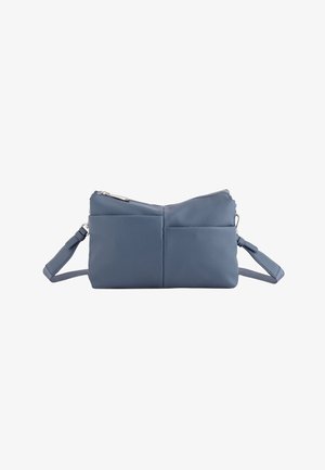 Blaues Leder-Crossbody-Bag mit strukturiertem Finish, ausgestattet mit zwei Reißverschlussfächern und einem verstellbaren Riemen. Kompakte rechteckige Form.