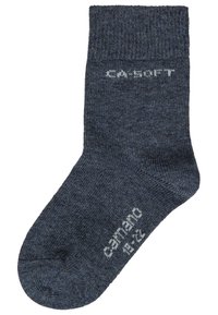 Calzino blu scuro realizzato in materiale a maglia testurizzata. Presenta un bordo a costine e il nome del marchio stampato in grigio chiaro sul lato.
