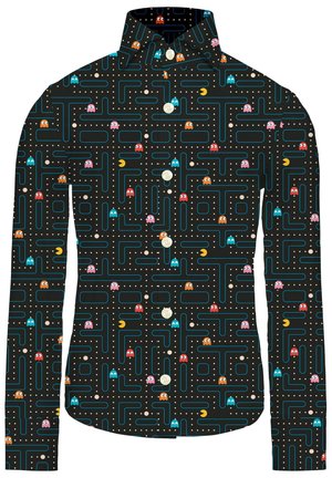 Black button-up shirt with a Pac-Man theme. Features colorful ghosts and maze patterns, blue lines, and light-colored buttons.