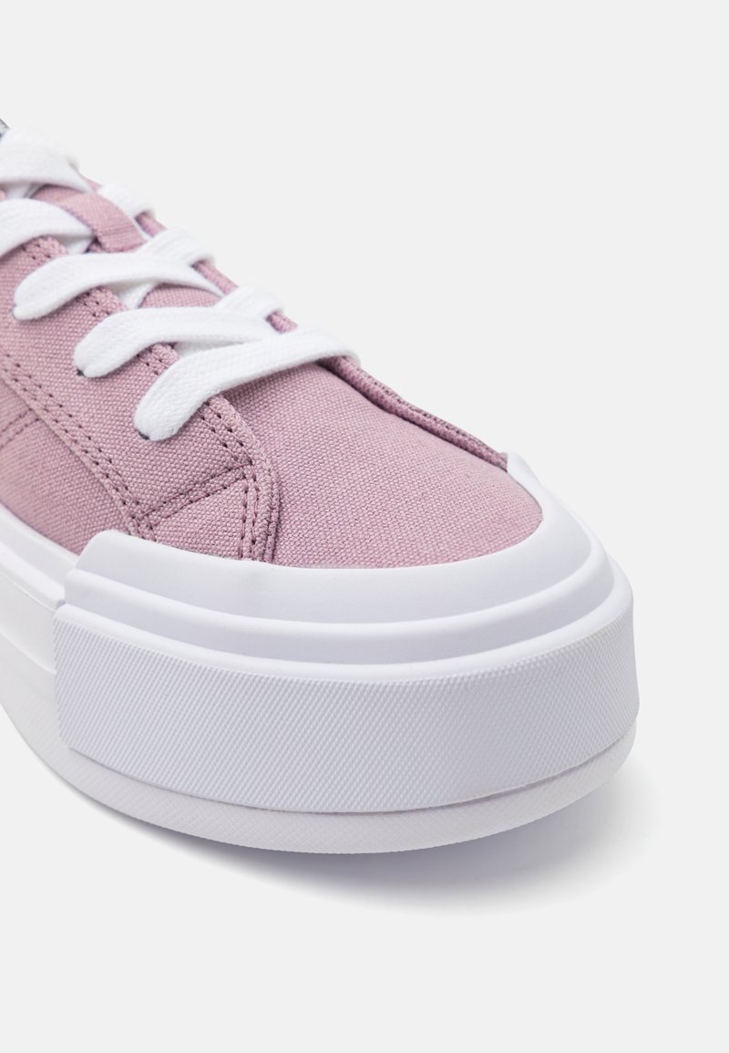 Zapatillas de lona rosa claro con cordones blancos y una suela de goma blanca gruesa, con acentos texturizados en la parte superior.
