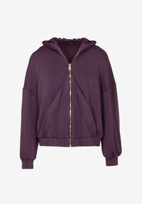 Felpa con zip viola, con cappuccio arricciato, zip dorata e ricamo a forma di stella. Realizzata in materiale morbido con maniche e orlo svasati.