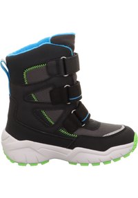Stivale da neve nero con tre cinturini in velcro, dettagli blu, cuciture verdi e suola bianca/verde. Parte superiore testurizzata e colletto imbottito per il calore.