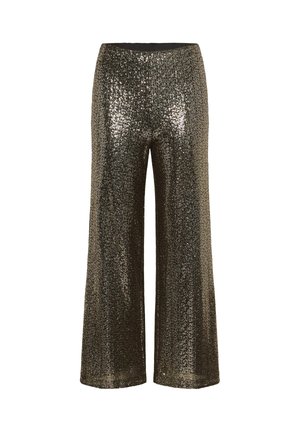 High-waisted, wijdvallende broek gemaakt van glinsterende gouden pailletten met een gladde zwarte tailleband. Heeft een losse, vloeiende snit.