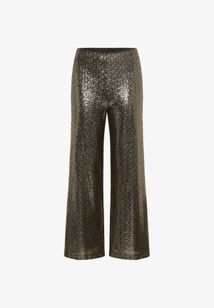 High-waisted, wide-leg pants made of shimmering gold sequins with a smooth black waistband. Features a loose, flowing cut.