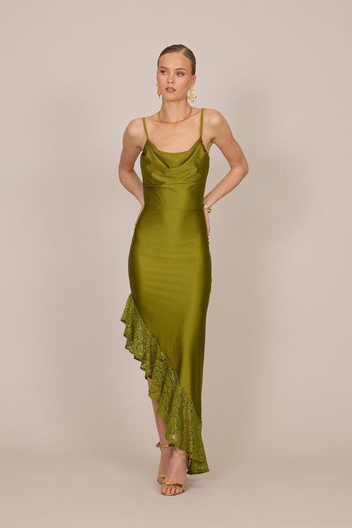 one shoulder olive green dress TATI RUFFLE MAXI DRESS IN LIME – AKIRA main image 0