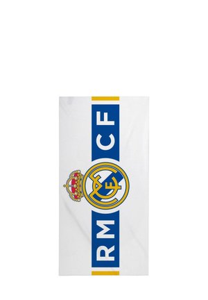 Drapeau en tissu blanc arborant le logo du Real Madrid, avec les lettres "RM" et "CF" en bleu, des accents jaunes, et une couronne au-dessus du logo.