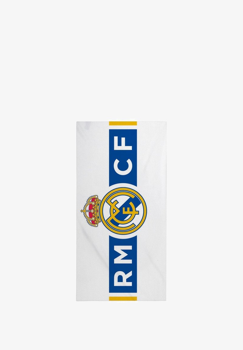 Drapeau en tissu blanc arborant le logo du Real Madrid, avec les lettres "RM" et "CF" en bleu, des accents jaunes, et une couronne au-dessus du logo.