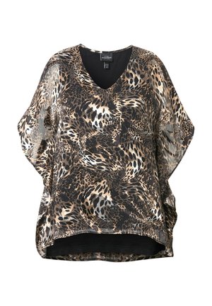 Blouse à imprimé léopard avec un décolleté en V, coupe ample et manches courtes. Fabriquée en tissu léger et semi-transparent dans des tons de marron et de noir.