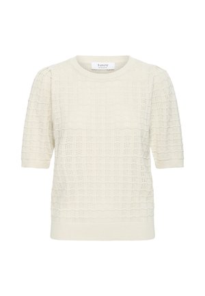 Krém színű, rövid ujjú kötött felső texturált méhsejt és hullám mintával, kerek nyakkivágással, bordázott mandzsettákkal és szegéllyel.