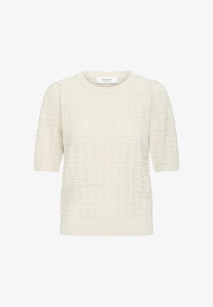 Haut en maille à manches courtes de couleur crème avec un motif texturé en motif gaufré et ondulé, encolure ronde, et poignets et ourlet côtelés.