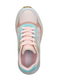 Multicolour sneaker met een bovenwerk van mesh in roze, blauw en beige, met een ronde neus en vetersluiting; gevoerd kraag en gestructureerde zool.