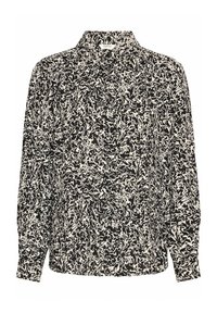 Camicia button-up bianca e nera con un motivo astratto a spirale, maniche lunghe e colletto classico. Tessuto morbido con una vestibilità comoda.