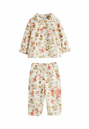 Set für Kinder mit langärmligem Oberteil und Hose mit elastischem Bund in Cremefarben mit roten und grünen verspielten Tier- und Naturmotiven.