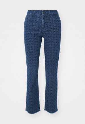 Mörkblå jeans med ett upprepat cirkulärt mönster, rak benform, fransade fållar och traditionell femficksdesign, med en knappstängning fram.