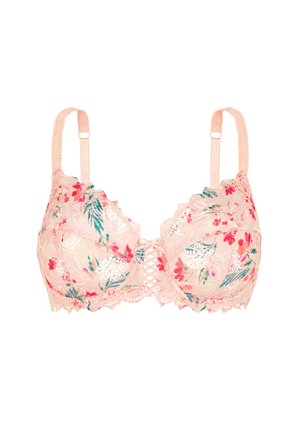 Sostén de encaje rosa con bordado floral en rojo, verde y blanco, tirantes ajustables y detalle de cruzado en el centro frontal.