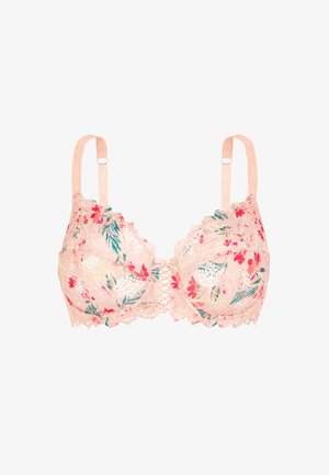 Sostén de encaje rosa con bordado floral en rojo, verde y blanco, tirantes ajustables y detalle de cruzado en el centro frontal.